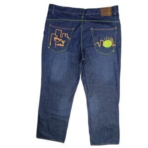 Rare SONGS OF FREEDOM Men's 40 x 33 Embroidered Denim, Jeans 5 Pocket, 100% cott